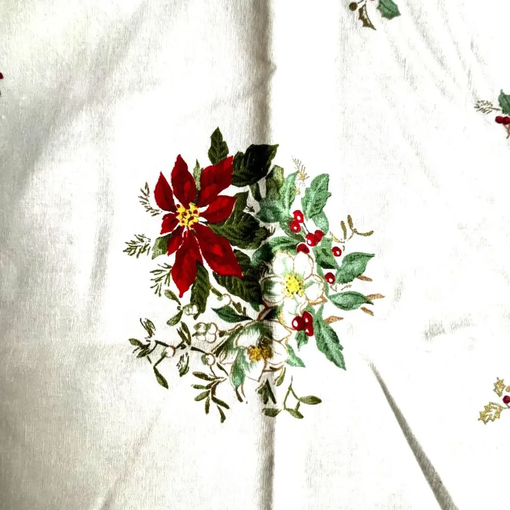Vintage Christmas Holiday tablecloth red & green on BEIGE poinsettias & holly